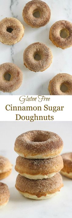 cinnamon sugar doughnuts stacked on top of each other with the words gluten free