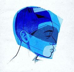 a drawing of a person wearing a blue headgear and looking to the side