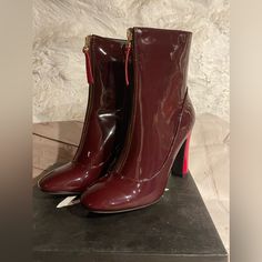 Brand New / Unused Public Desire Boots Size Uk 6 / Usa 8 Patent / Bordo / Burgundy Red Color Clear Heel Boots, Ankle Sock Boots, Metallic Ankle Boots, Public Desire Shoes, Fur Ankle Boots, Green Fur, White Booties, Sock Booties, Ankle Sock