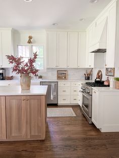 a kitchen with white cabinets and wood floors, an island in the middle has a potted plant on it