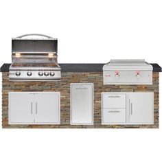 an outdoor kitchen with grill, sink and cabinets on the outside wall that is made out of stone