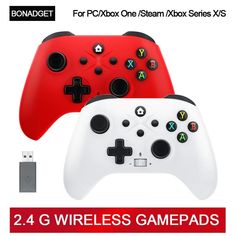 two red and white controllers with the text, for xbox one steam x series v5