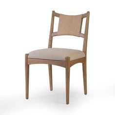 a wooden chair with a beige upholstered seat and back cushion on an isolated white background