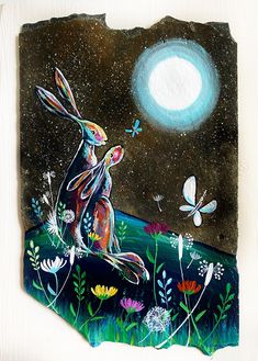 a painting of a rabbit sitting in the grass at night with butterflies flying around it