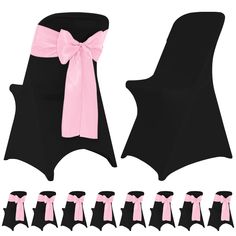 a set of black and pink chair covers with bows on each side, all in different colors