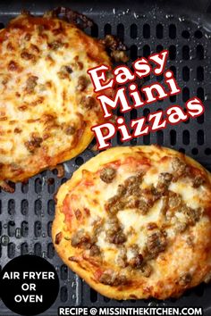 two pizzas sitting on top of a grill with the words easy mini pizzas above them