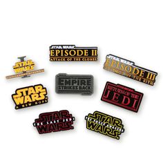 Collect your love of Star Wars with these stylish pins! Set of eight (8) enamel pins depicts the logos for the Star Wars movies Episodes 1-8. Gender: unisex. Age Group: adult. Star Wars Attack Of The Clones, Enamel Pin Collection, Star Wars Celebration, Star Wars Film, Star Wars Fandom, Star Wars Movie, Movie Titles, Star Wars Collection, Star Wars Episodes