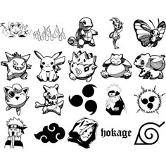 various pokemon stickers are shown in black and white, with the word tokaige on