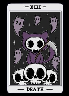 a tarot card with skulls on it and a cat holding a knife in the middle