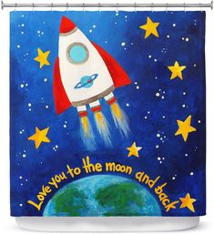 a painting of a rocket taking off from the moon and stars shower curtain featuring an image of