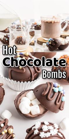 chocolate bonbs with marshmallows and candy in them on a white table