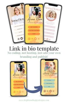 three mobile phone screens with the text, link in bio template no coding, not hosting just add your own branding and publicity