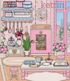 the kitchen is decorated in pink and white