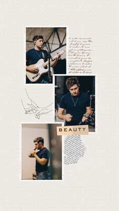 a collage of photos with the words beauty written on them and pictures of people holding guitars