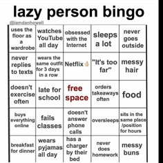 the lazy person bingo game is shown in black and white, with words on it