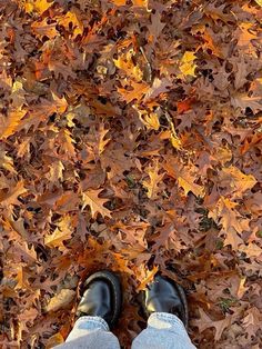 a person standing in front of a pile of leaves with their feet on the ground