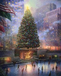 a painting of people skating on an ice rink in front of a large christmas tree