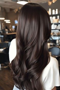 Dark Brown Shades Of Hair, All Over Rich Brown Hair Color, Medium Long Dark Brown Hair, Dark Frosted Brown Hair, Rich Dark Brunette Hair Color, All Over Dark Hair Color, Chocolate Brown Hair Glaze, Cool Shades Of Brown Hair, Medium Cinnamon Brown Hair