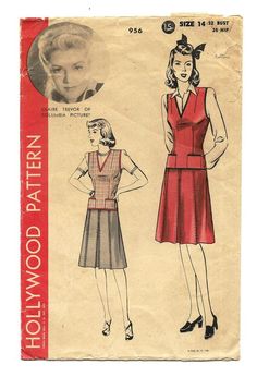 Skirt Vest Pattern, Hollywood 956, Misses Size 14, Pleated Skirt, Jerkin Top, Pockets, V Neck Collar Retro V-neck Fitted Vest, Fitted Vintage V-neck Vest, Retro Fitted Sleeveless Vest, Retro Fitted V-neck Vest, Fitted V-neck Vintage Vest, Retro Sleeveless Vest For Work, Claire Trevor, 1940s Outfits, Free Websites