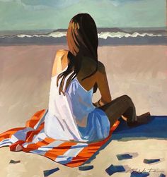 a painting of a woman sitting on the beach looking out at the ocean while holding an orange and white striped towel