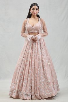 Fitted Lehenga With Lace Work For Festive Occasions, Anarkali Party Sets With Lace Work, Pink Lehenga With Lace Work, Fitted Lace Work Lehenga For Festive Occasions, Fitted Long Sleeve Choli For Wedding, Party Sets With Long Sleeve Lace Work, Long Sleeve Lace Party Sets, Long Sleeve Lehenga With Sheer Dupatta, Fitted Lehenga With Lace Work For Designer Wear