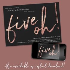 an advertisement for a concert with the words five oh on it and a cell phone next to it