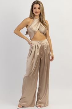 Chic Satin Sets For Night Out, Pleated Satin Bottoms For Party, Elegant Beige Pants For Party, Chic Beige Party Sets, Elegant Beige Party Pants, Glamorous Satin Pants For Formal Occasions, Glamorous Satin Formal Pants, Chic Pleated Party Sets, Chic Beige Satin Bottoms