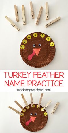 a turkey paper plate craft with clothes pins on it and the words turkey name practice