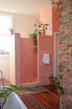 a bathroom with pink walls and wooden flooring next to a bathtub filled with plants