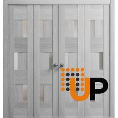 an image of a white door with orange and black letters on the bottom half of it