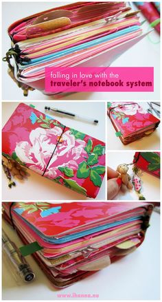 the inside of a pink flowered notebook is shown with several different images and instructions