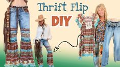 two women standing next to each other in front of a sign that says thrift flip diy