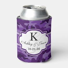 purple camo can cooler with monogrammed initial and name on the front side