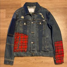 Brand New With Tags! High Quality Denim Jacket With Red Patchwork Accents And Factory Distressing. Purchased At Nordstrom Rack A Few Years Back For $220, But Retail Is $550 Patch Denim Jacket, Patch Denim, Denim Jacket Patches, Denim Patches, Mens Plaid, Upcycle Clothes, Diy Clothes, Nordstrom Rack, Mens Jackets