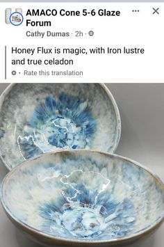 two blue and white bowls sitting next to each other