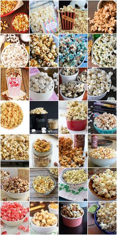 many pictures of different kinds of food in bowls and pans, including popcorn kernels