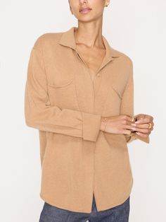 Andre cashmere buttondown camel shacket front view Cashmere Pants, Cashmere Sweater Women, Womens Cashmere, Wrap Sweater, Signature Logo, Layering Pieces, Cashmere Sweaters, Shirt Jacket, Timeless Fashion