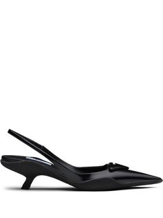 Shop Prada triangle patch slingback pumps with Express Delivery - FARFETCH Shoe Closets, Prada Triangle, Fashion Content, Heart Shoes, Fancy Shoes, Miuccia Prada, Pointed Heels, Black Leather Heels, Dream Board