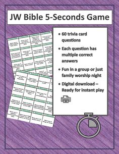 the jw bible 5 - seconds game is shown on a purple background with text