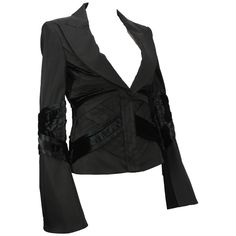 A Fabulous Creation From Tom Ford's Last Collection Almost impossible to find!!! Gucci jacket by Tom Ford Designer size 44 - US 6/8 2004 Collection 100% Silk, Finished with Velvet, Color - Black. Measurements: Length – 23.5 inches, Shoulders – 16.5”, Sleeve – 27”, Bust - 36", Waist - 31/32. Made in Italy New with tag. Matching Runway Skirt in size 42 Available. Asian Street Wear, Tom Ford For Gucci, Tom Ford Designer, Velvet Dinner Jacket, Gucci By Tom Ford, Fur Blazer, Carolyn Murphy, Gucci Jacket, Black Velvet Blazer