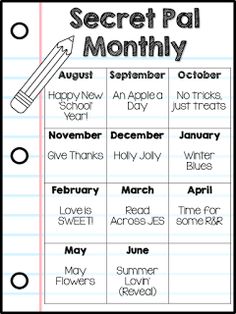 the secret pal month calendar is shown in black and white, with pencils on it