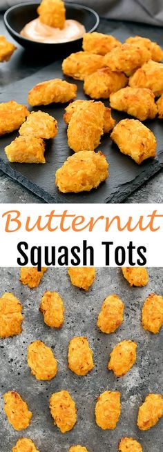 this is an image of butternut squash tots on a baking sheet and in the background there are other small pieces of fried