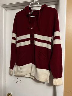 Vintage Varisty Sweater Red and White Size Womens Medium or  Mens Small  Measures 17'' from shoulder to shoulder measures shoulder to bottom of sweater 26'' the tag came loose can be sew back in place .It does have pockets on each side. There is a little yellowing on the sleeve see pictures . Casual Red Sweater With Ribbed Cuffs, Cozy Red Cotton Sweater, Burgundy Cotton Sweater For Fall, Casual Burgundy Cotton Sweater, Cozy Red Sweater With Ribbed Cuffs, Casual Burgundy Sweater For Fall, Dark Red Outfit Men, Red Outfit Men, Dark Red Outfit