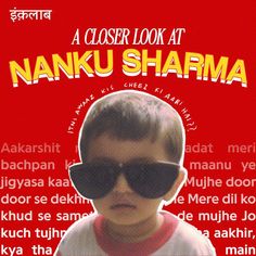 a close up of a child wearing sunglasses on a red background with the words nanku sharma