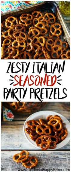 two pictures with the words zesty italian seasoned party pretzels