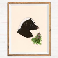 a painting of a skunka holding a flower in it's mouth, on a white background