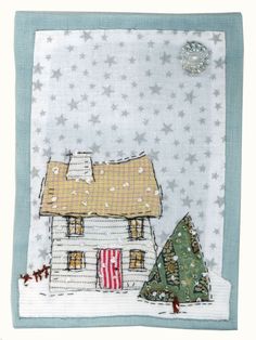 a christmas card with a house and trees