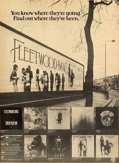 an advertisement for fleetwood music in the 1970's, with images of people on it