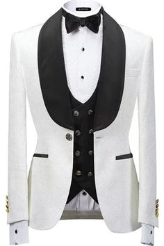 Color: BlackButton: Single BreastedOccasion: Prom, Wedding, BusinessNeckline: Shawl LapelMaterial: Polyester & Polyester BlendPattern: JacquardPiece: 3 PiecePocket: No Flap White And Green Tuxedo, Groomsman Ideas, Navy Blue Shawl, Frog Wedding, Tuxedo Suit For Men, Green Shawl, Blue Shawl, Black Shawl