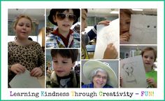 a collage of photos with children holding drawings